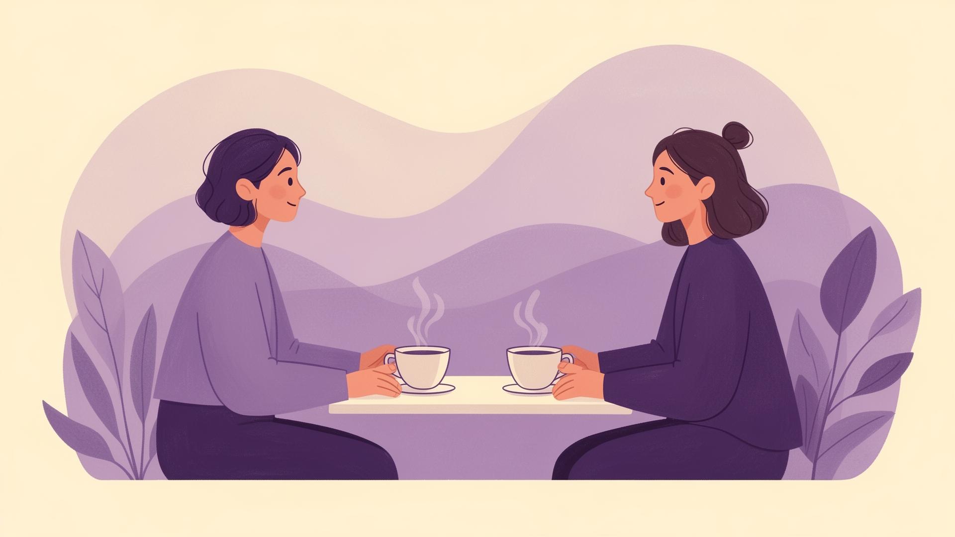 Two people sharing a quiet conversation over tea